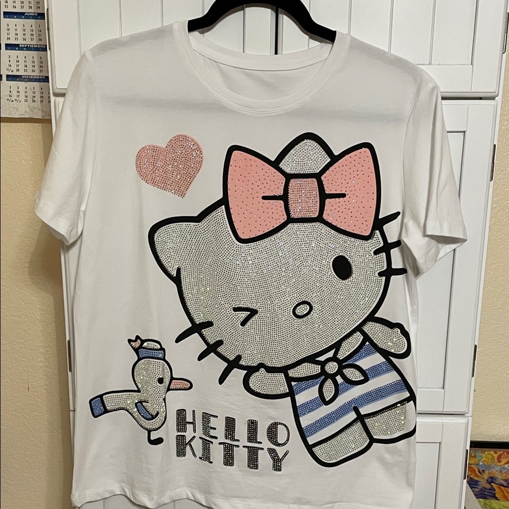 Hello Kitty White Tee with Pink Bow and Blue Stripes